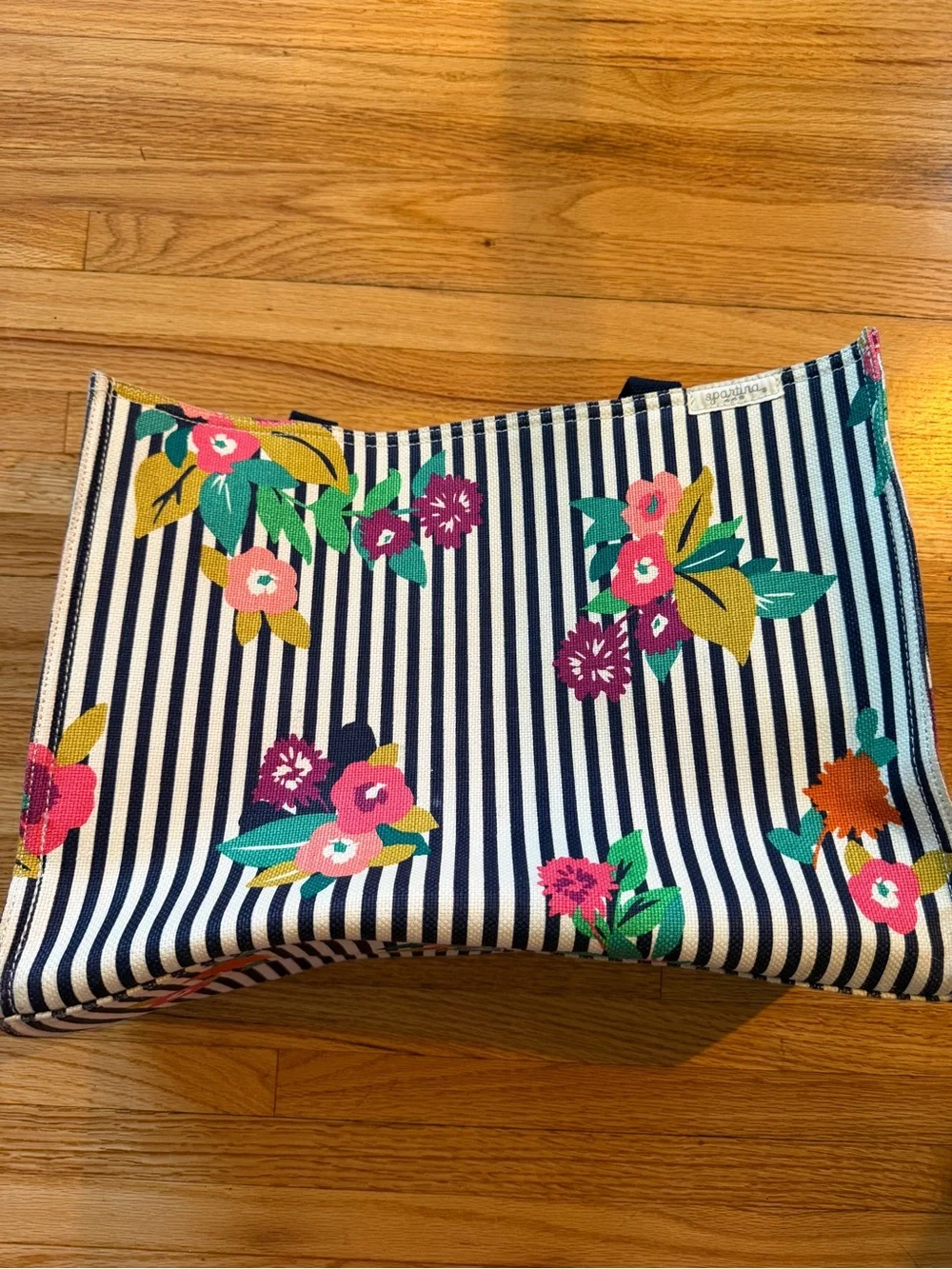 Spartina 449 Large Navy Stripe Floral Tote with Pink & Green Accents